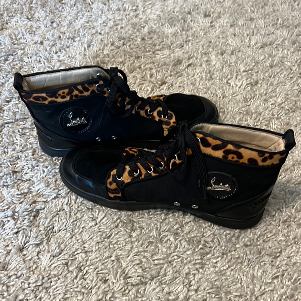 Christian Louboutin Men’s black canvas and suede leopard high top sneakers